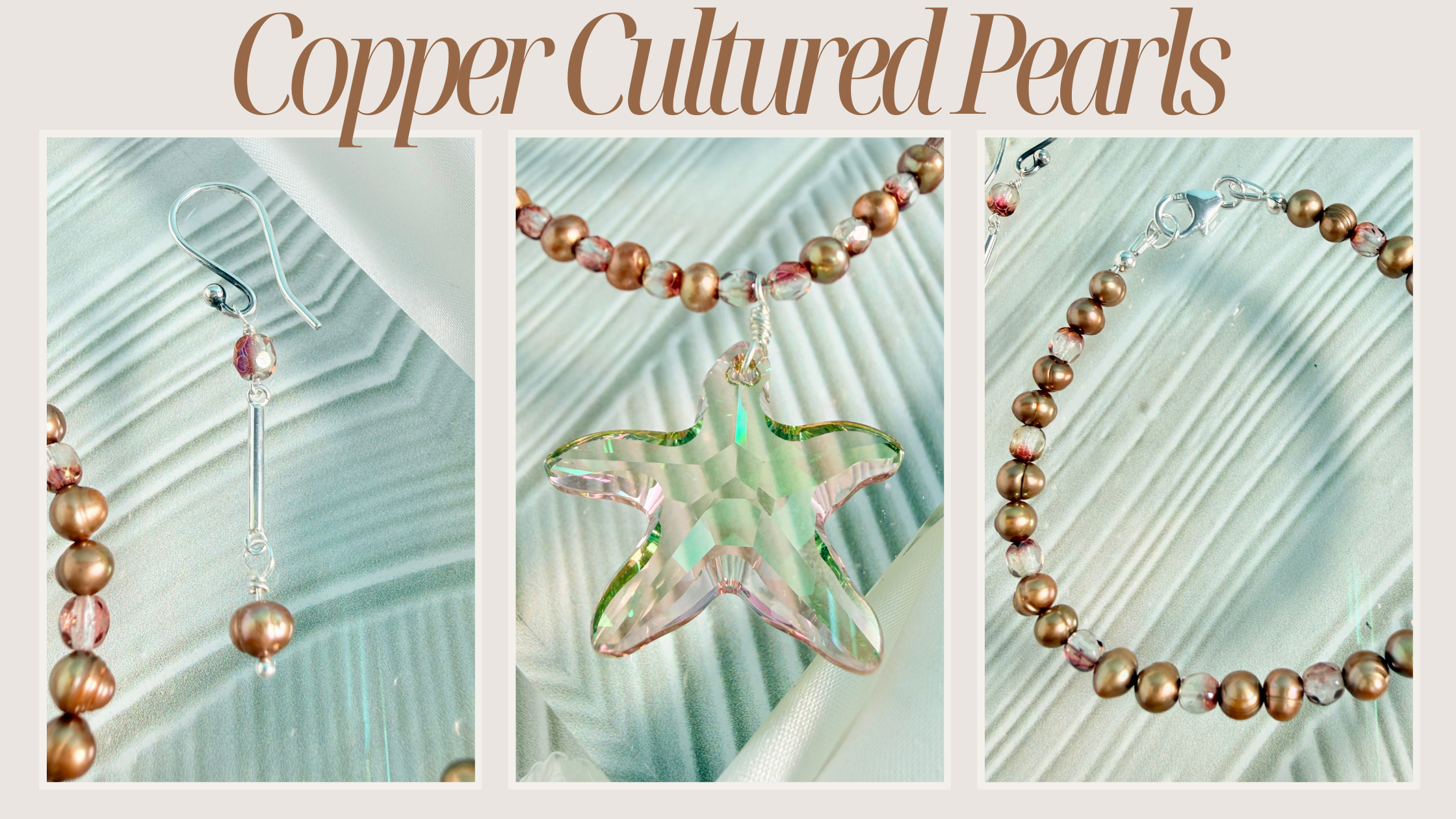 Copper cultured pearls necklace, bracelet & earrings